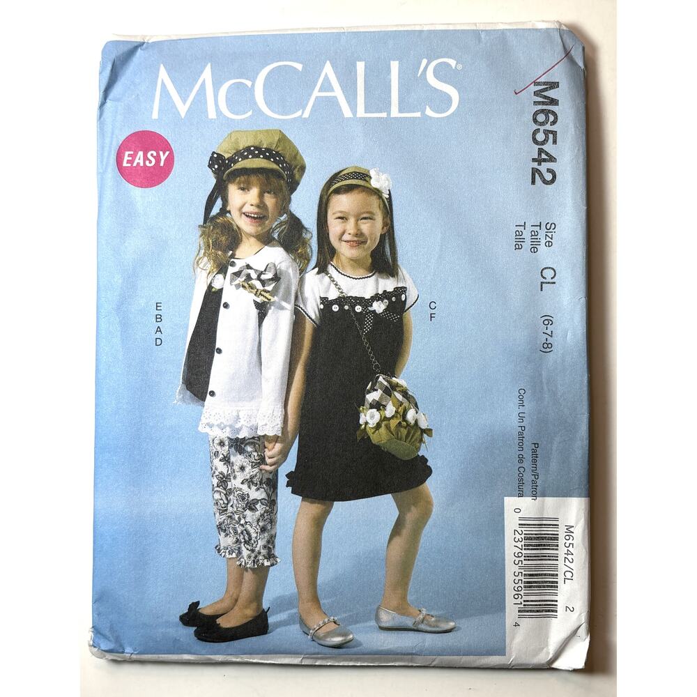 McCall's 6542 Girl's Size 6-8 Easy Outfit Dress, Top, Pants, Cardigan - vn